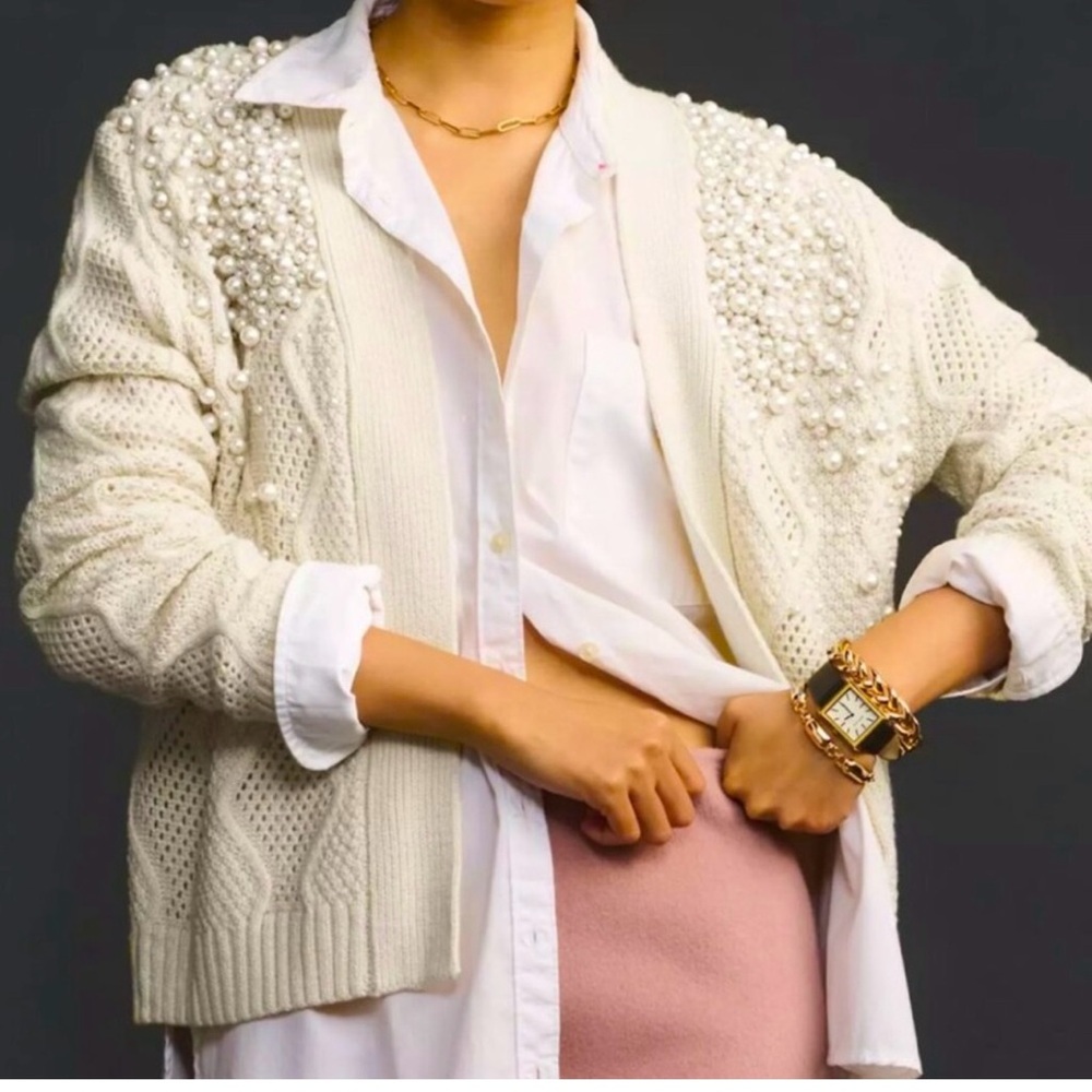 Anthropologie pearl embellished cable knit cardigan